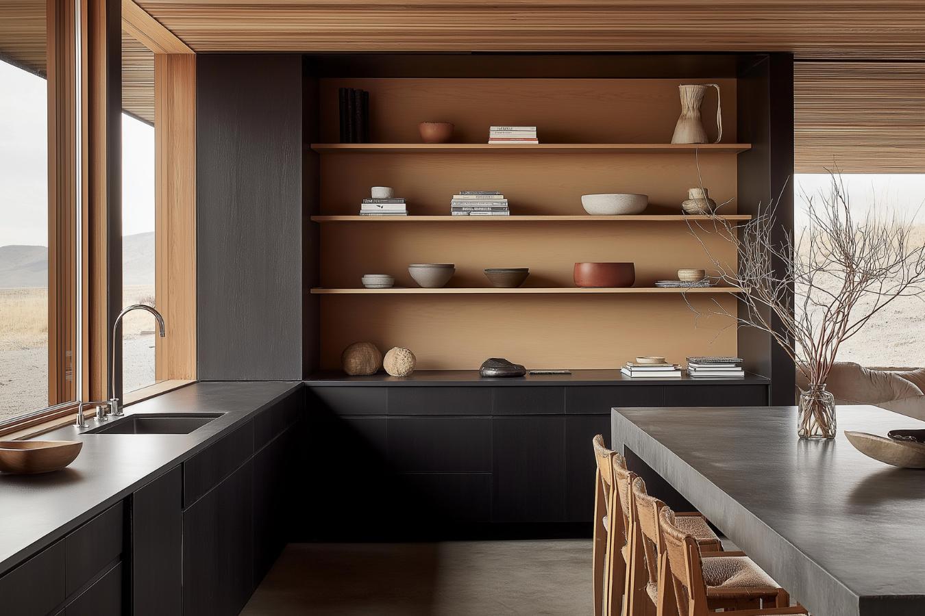 Rancho Colorado - Minimalist desert kitchen with dark cabinetry and open shelving - Ai Spaces LLC.jpg